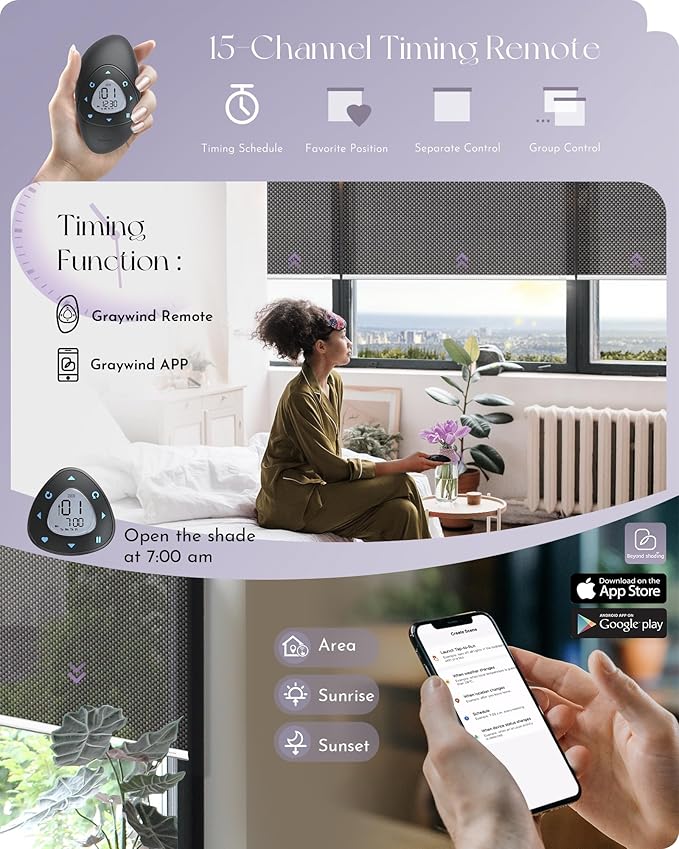 Graywind Motorized Solar Shades Light Filtering Mesh Shade Compatible with Alexa Google Remote Control Window Blinds with Valance for Smart Home Office Business, Custom Size (5% Openness Rock Black)