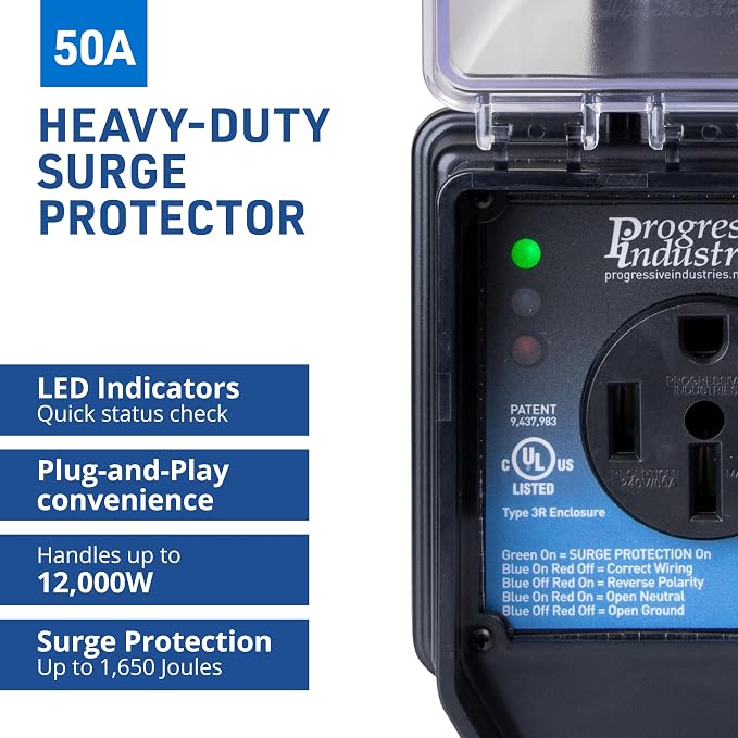 Progressive Industries SSP-50XL Portable RV Smart Surge Protector, Black, 50 Amp
