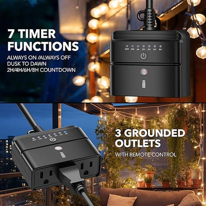 BN-LINK Outdoor Timer Outlet, Dusk-to-Dawn & Remote Control (100ft) - Waterproof 3-Grounded Outlets, 15A ETL Listed for Outdoor String Lights & Appliances