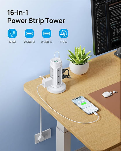 TROND Rotating Plug Power Strip Tower PD 20W - 5ft Retractable Extension Cord Surge Protector, 12 Outlets, 4 USB, 1700J Protection, Space Saving Home Office Desk Supplies, Dorm Room Essentials