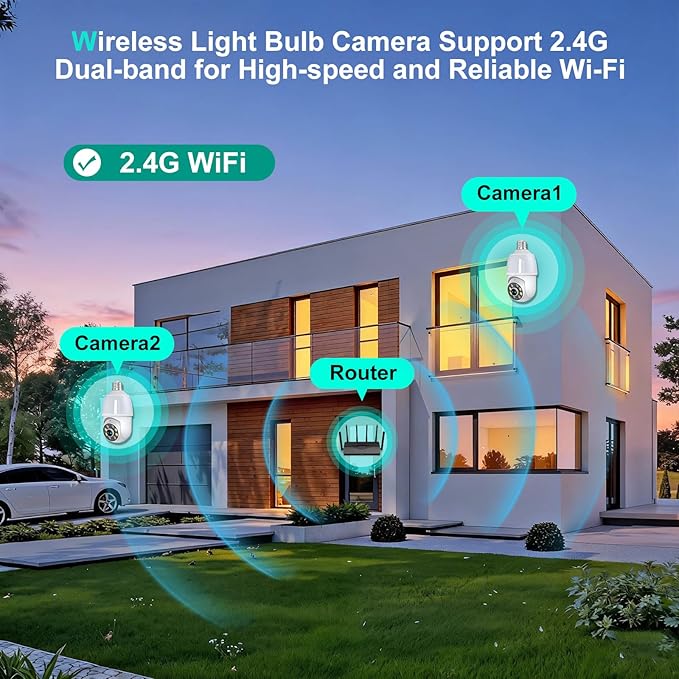 52HZ 2K Light Bulb Security Camera, 2.4GHZ WiFi Lightbulb Security Cameras Wireless Outdoor Indoor, Two-Way Talk, Human Detection, Color Night Vision, Light Socket Security Camera Work with Alexa