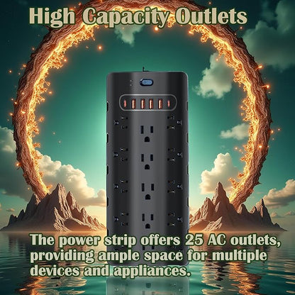 20 Amp Power Strip Surge Protector,Heavy Duty 12 Gauge 6.5 ft Cord/25 AC Outlets/4 USB A/2USB C/4000 Joules Surge protection/2500W/125V,Office Workshop Household Garage Black