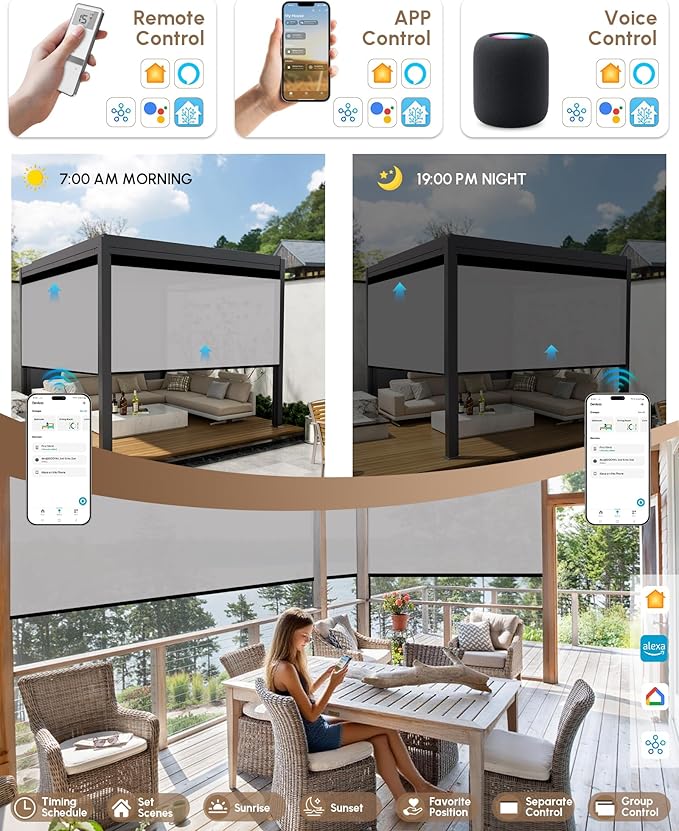 Kincmo Motorized Outdoor Shades for Patio Porch, Custom Outdoor Motorized Blinds with Remote, Waterproof & Windproof Patio Shades Work with Apple Homekit,Alexa,Google (1% Openness White Grey)