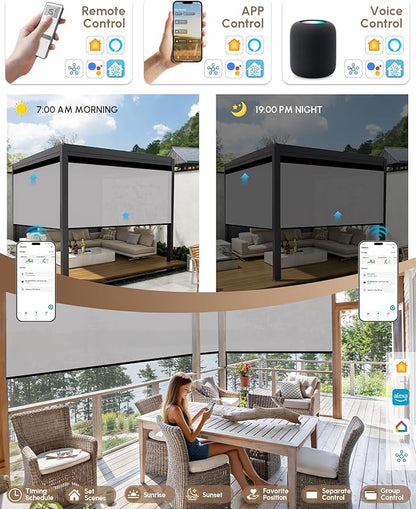 Kincmo Motorized Outdoor Shades for Patio Porch, Custom Outdoor Motorized Blinds with Remote, Waterproof & Windproof Patio Shades Work with Apple Homekit,Alexa,Google (1% Openness White Grey)