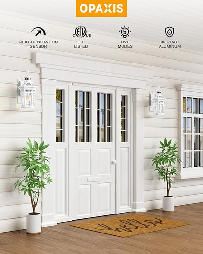 2 Pack Motion Sensor Outdoor Wall Lantern, White Outdoor Garage Lighting Fixtures Wall Mount, Waterproof Front Porch Lights with E26 Base, Exterior Sconce Light with Adjustable Sense Range