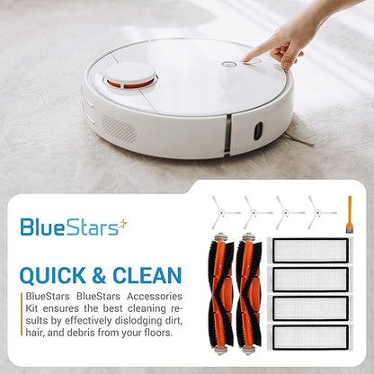 BlueStars Replacement Parts for Roborock S6 Pure S6 E4 S4 S4 Max S5 S5 Max E2 E3 E5 E20 E25 E35 S50 S65 C10 Xiaomi Mijia Robot Vacuums – 2 Roller Brushes, 4 Side Brushes, 4 Filters, Sweeping Brush