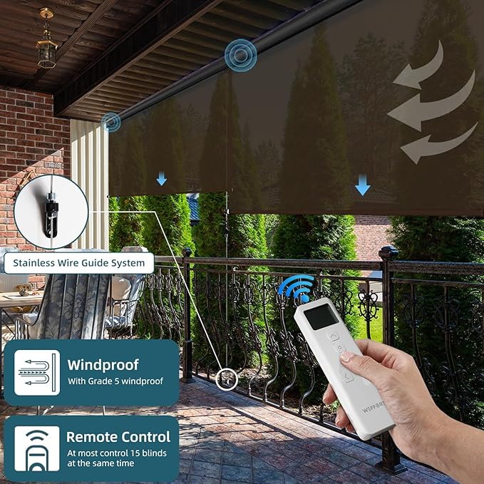 Motorized Outdoor Roller Shades,Patio Roll Up Blind Work with Alexa,Google Home,Apple Homekit,Remote Control Sun Shade,Waterproof &Windproof Smart Blinds for Porch,Sirus Dark Brown,5% Openness