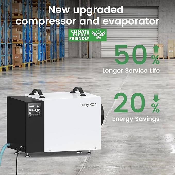 Waykar 125 Pint Crawl Space Dehumidifier with Drain Hose for Commercial, Basements, and Industry Water Damage Unit for Spaces up to 6500 Square Feet, Smart Humidity Control - 5-Year Quality Coverage
