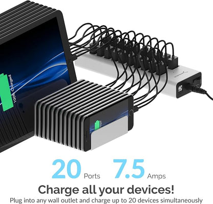 SABRENT 90W 20-Port USB 2.0 Charging Station (AX-P20C) | 20 USB charging ports; 90W; includes 12V power supply; multi-device desktop charger