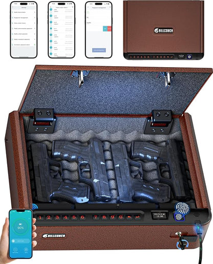 BILLCONCH Smart Gun Safe with Fingerprint, App, Keypad,LCD& Security Cable | Handgun Safe with 4 Quick-Access Methods, Voice Guidance, Built-in LED Light, Ideal for Nightstand, Bedside and Home - Brown