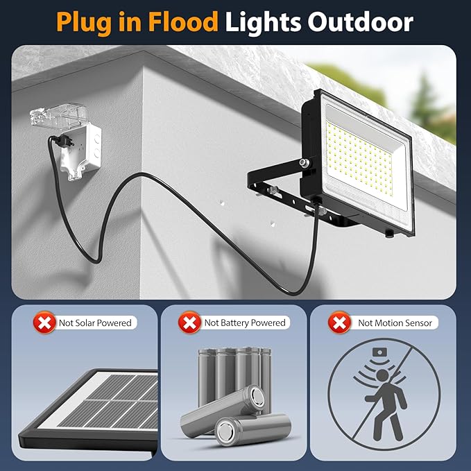 Onforu 120W Flood Lights Outdoor,12000lm Bright LED Work Light with Plug,Daylight White LED Flood Lighting, IP66 Waterproof Security Yard Lights for Yard Garage Stadium 2 Pack