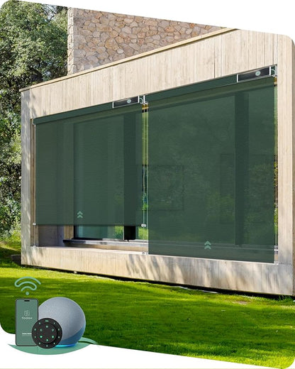 Yoolax Customized Motorized Outdoor Shades, Smart Blinds Compatible with Alexa Google, Remote Control Waterproof Blinds for Patio Porch Windows Outside (5% Openness Jade Green)