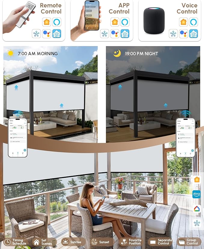 Kincmo Motorized Outdoor Shades for Patio Porch, Custom Outdoor Motorized Blinds with Remote, Waterproof & Windproof Patio Shades Work with Apple Home,Alexa,Google (0% Openness White Grey)