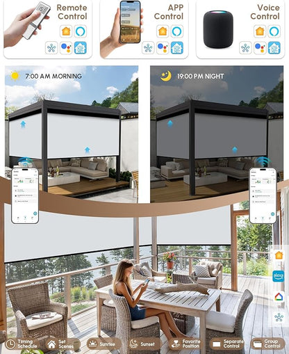 Kincmo Motorized Outdoor Shades for Patio Porch, Custom Outdoor Motorized Blinds with Remote, Waterproof & Windproof Patio Shades Work with Apple Home,Alexa,Google (0% Openness White Grey)