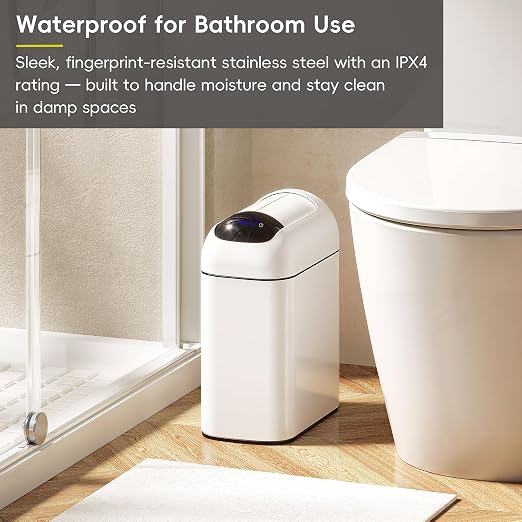 EKO Astro Slim Sensor Trash Can, 10L / 2.6 Gallon Touchless Garbage Bin with Soft-Close Retractable Wing Lid, Motion Sensor Stainless Steel Garbage Can for Bathroom, Kitchen, Office, Waterproof, White