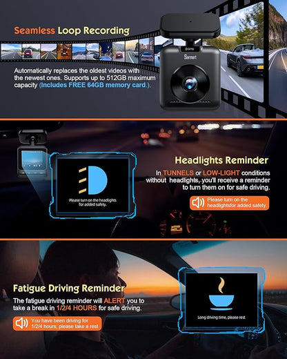 Sarmert C2 4K Dual Dash Cam Front and Rear - Built-in GPS and 5G WiFi, Free 64GB Card Included, 4K UHD Dash Camera for Cars, Night Vision, WDR, Loop Recording, App Control, 24H Parking Mode