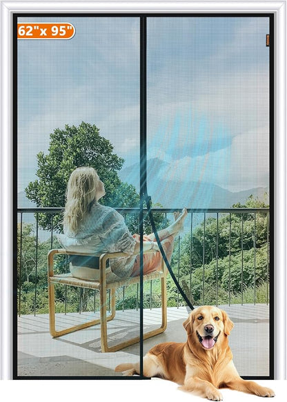 MAGZO Magnetic Screen Door Fit Door Size 62 x 95 Inch, Screen Size 64" x 96" Strong Magnets Mesh, Reinforced Fiberglass Net for Patio and Front Entrances, Gray