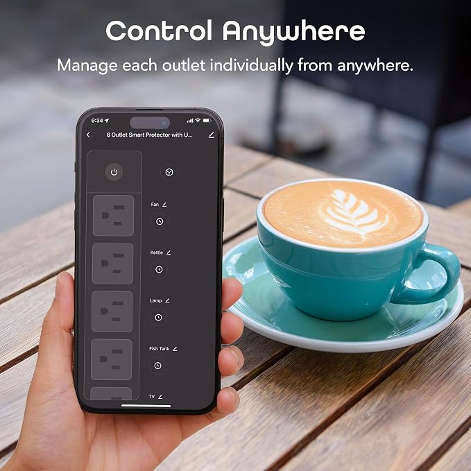 Geeni Smart Plug Power Strip, 6 Outlets & 2 USB Ports, Surge, 6 ft., Black | 6 smart outlets, 2 always-on outlets, Wi-Fi & voice control, 1200 joules protection