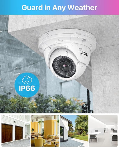 ZOSI 4 Pack 5MP Add-on PoE Security Cameras with Etherent Cables, Outdoor Indoor Home Dome Camera with Night Vision, IP66 Weatherproof, Only Compatible 4K/5MP NVR(Model:ZR08HN,ZR16HK,ZR16HB)