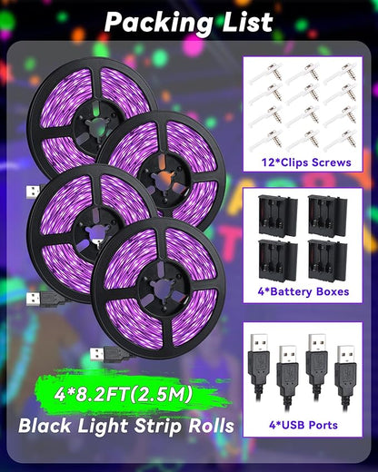 33FT USB Black Lights LED Strip, Battery Operated Black Light Tapestry Light, 300LEDs Blacklight for Bedroom Glassroom, Halloween, Glow Neon Party, Birthday, Fluorescent Poster Painting,4 Pack