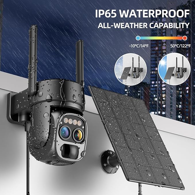Hawkray Pannel Solar Wireless Outdoor Security Camera， Dual-Lens, 10xZoom, 2K Resolution 3MP 360°Pan/Tilt，2.4&5G WiFi Battery Powered Camera with Spotlight Alarm PIR Motion Detection