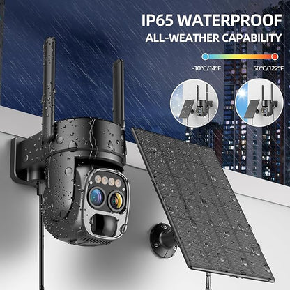 Hawkray Pannel Solar Wireless Outdoor Security Camera， Dual-Lens, 10xZoom, 2K Resolution 3MP 360°Pan/Tilt，2.4&5G WiFi Battery Powered Camera with Spotlight Alarm PIR Motion Detection