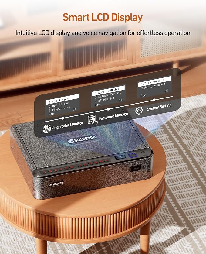 BILLCONCH Smart Gun Safe with Fingerprint, App, Keypad,LCD& Security Cable | Steel Handgun Safe with 4 Quick-Access Methods, Voice Guidance, Built-in LED Light, Ideal for Nightstand, Bedside and Home