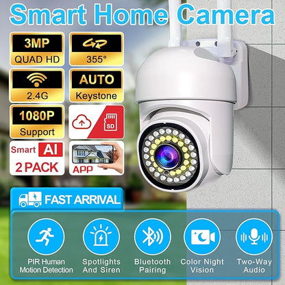3MP Security Camera Outdoor, 360°Pan-Tilt View, 2K HD Cameras for Home Security, Color Night Vision, AI Detection (2 Pack-3.3 ft USB-C Cable)