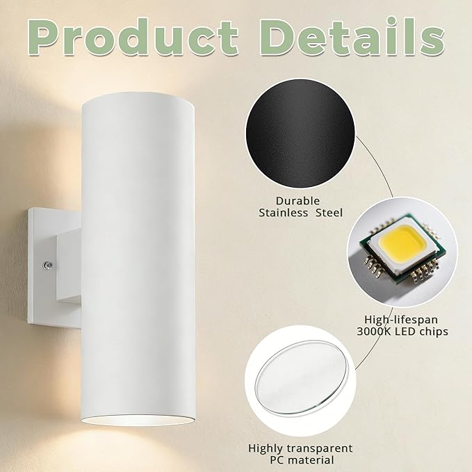 Outdoor Wall Lights, 12'' Up and Down LED Cylinder Exterior Lighting Fixtures, 23W 3000K IP65 Waterproof Wall Sconces for House, Garage, Patio, Porch, White