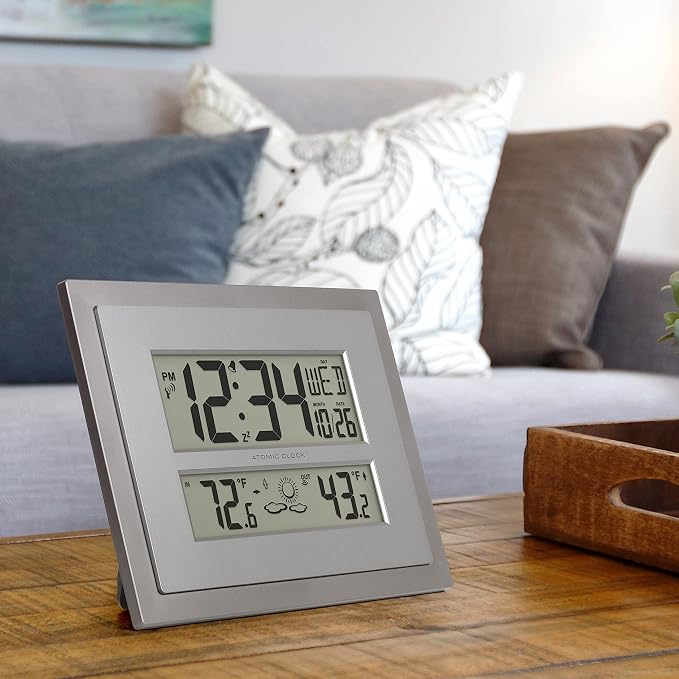 La Crosse Technology 512-85937 Gray Atomic Digital Clock with Temperature | Color: Gray/Silver, Forecast, Atomic Time, DST reset, Crescendo Alarm, Wireless 330ft range transmits Outdoor temperature