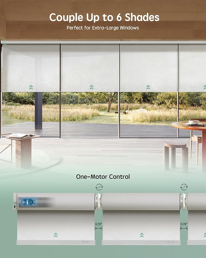 Yoolax Smart Coupled Solar Shades Compatible with Alexa, Motorized Blinds with Remote Flame Retardant Coupled Roller Shades for X-Large Windows, Custom Size (XL - 1% Openness White)