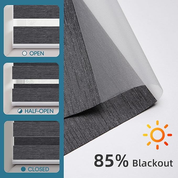 SmartWings Motorized Zebra Blinds with Remote, Custom Size Smart Electric Roller Shades for Windows, Automatic Light Filtering Dual Layer, Cordless Battery Motor, 95mm 85% Blackout Graphite