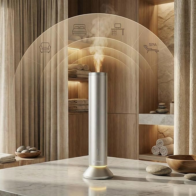 Waterless Essential Oil Diffuser: Smart App & Remote Control, 4000 Sq Ft Coverage, Quiet Aroma Diffuser for Large Room Home Hotel Office, Up to 20H Runtime, 360° Light & Time (Silver, Cylindrical)