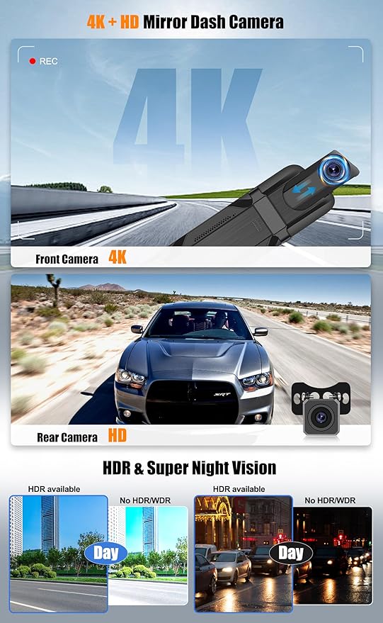 CAMECHO 4K Mirror Dash Cam with BSD, Smart Rear View Mirror Camera with WiFi, 9.66 inches Full Touch Screen, Dash Camera for Cars, GPS, HDR Night Vision, G-Sensor, Loop Recording