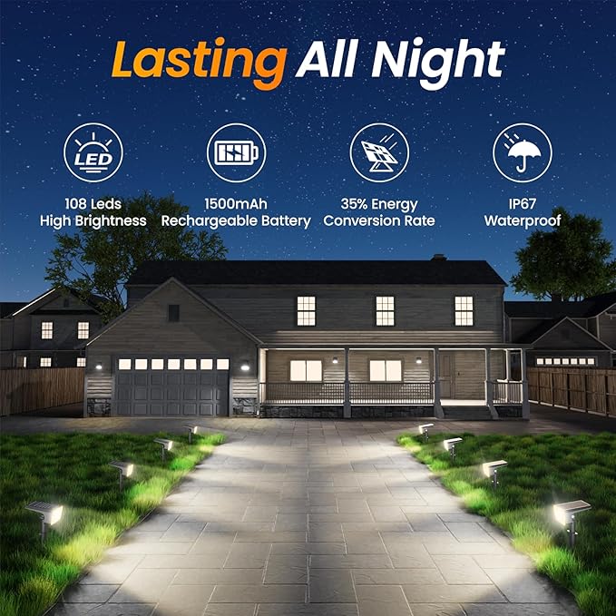 Fabrito 8 Pack Solar Spot Lights Outdoor Waterproof IP67, [108 LEDs, 4 Modes] Dusk to Dawn Spotlights for All Night, 2-in-1 Solar Landscape Lights for Garden, Yard, Tree, Pool, Warm White