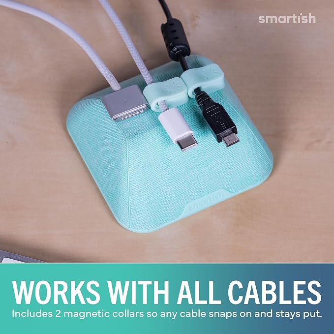 Smartish® Magnetic Cord Holder - Cable Wrangler Organizer with Magnet Clips for Charger Management on Desktop, Nightstand, or Side Table for All Cables, USB-C, Lightning Cables - Teal Me More | Holds 5 Cords, 2 Cable Clips, Weighted Base, Charger Keepe...