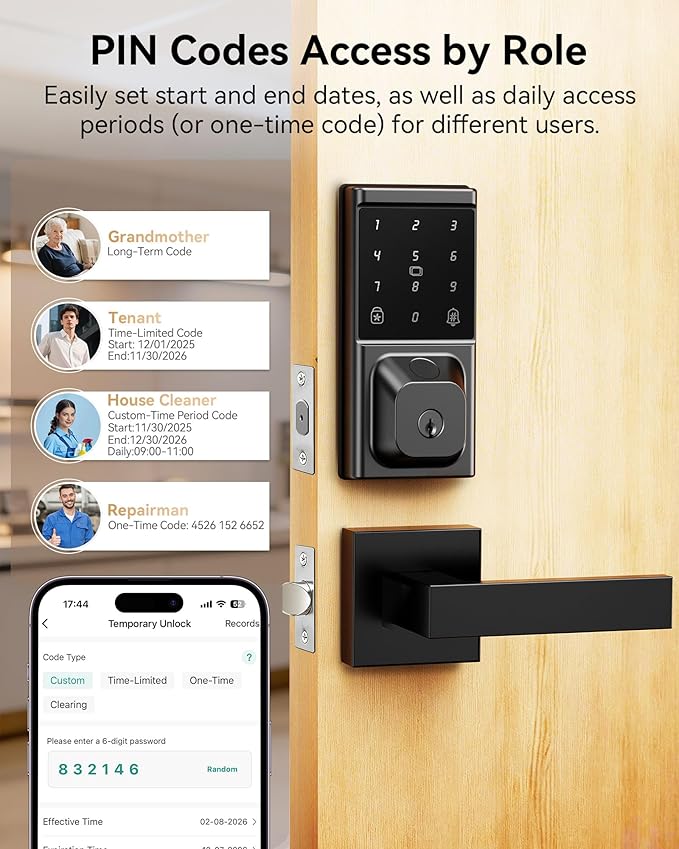 Smart Deadbolt Lock with 2 Lever Handles, Keyless Entry Door Lock Set, Fingerprint, Touchscreen Keypad, APP Control, Temporary Passcode, Auto Lock, IP54 Waterproof, Easy Install for Front Door