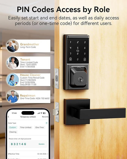 Smart Deadbolt Lock with 2 Lever Handles, Keyless Entry Door Lock Set, Fingerprint, Touchscreen Keypad, APP Control, Temporary Passcode, Auto Lock, IP54 Waterproof, Easy Install for Front Door