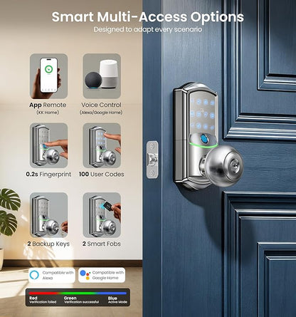 Veise VE028 Built-in Wi-Fi Smart Lock with Knob, Fingerprint Keyless Entry with Handle, App Remote & Voice Control, Electronic Digital Keypad for Front Door and Bedroom, IP65 Waterproof, Satin Nickel