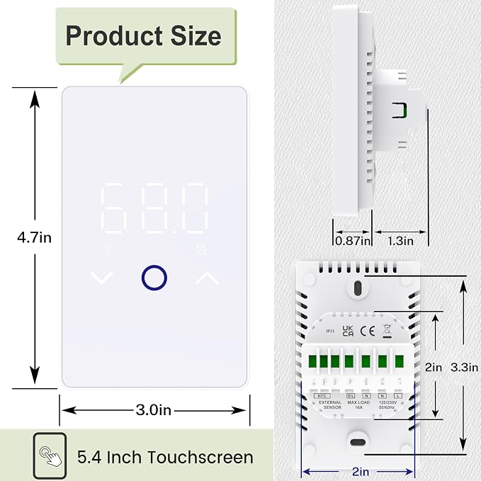 MAXKOSKO 4Pcs WiFi Smart Thermostat for Electric Floor Warming System with Touchscreen LED Display 120V/240V, Easy Connection & Energy Saving Home Programmable Thermostat White