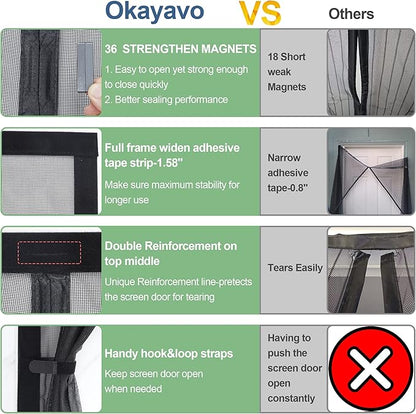 Okayavo Upgraded Magnetic Screen Door Thicker 255g/㎡ Reinforced Mesh,Reversible Left Right Side Opening,Fit Door Size 32 x 80 Inch,Retractable Mosquito Net for Door,Mesh Insect Screens not of Metal