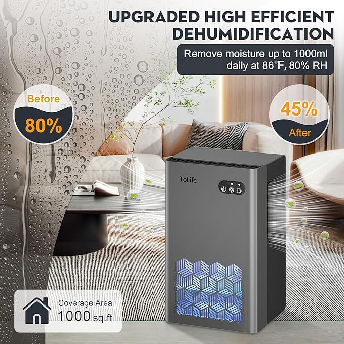 ToLife Dehumidifier for Home 95 OZ Water Tank, 1000 sq.ft Dehumidifiers for Basement Bathroom Bedroom with Auto Shut Off 7 Colors LED Light, Grey