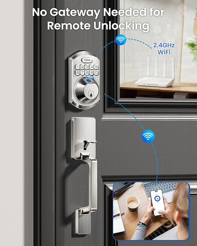 TEEHO TE012W-H WiFi Keypad Door Lock with Handle Set, Fingerprint Smart Locks, Front Door Keyless Entry, APP Remote & Voice Control, Digital Deadbolt with 2 Keys, Auto-Lock, Easy Install, Satin Nickel