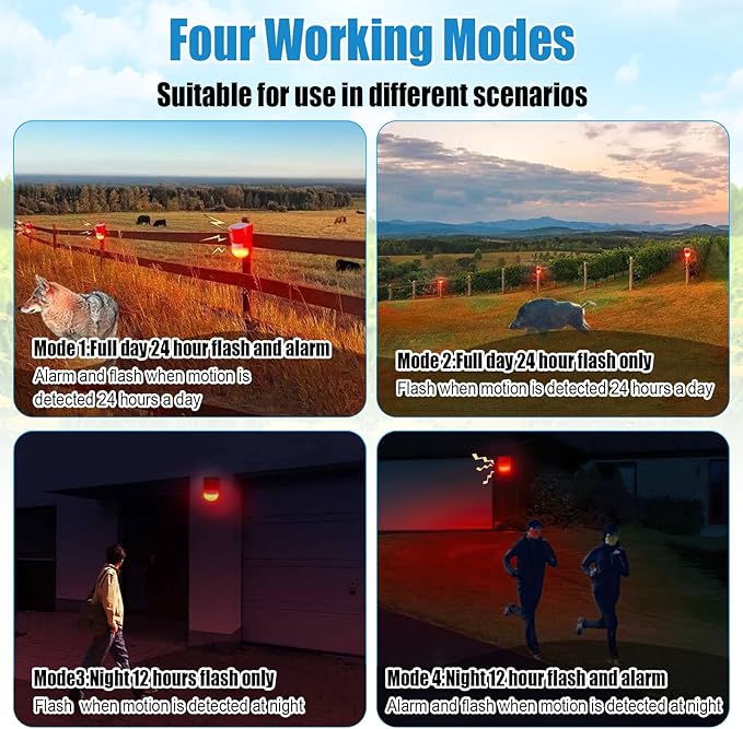 Qualirey Solar Sound and Light Alarm Motion Sensor 129db Outdoor Security Siren Waterproof Activated Detector Driveway Alarm 6 LEDs Flash Warning Deterrent Strobe System for Home, Farm(Red,8 Pack)