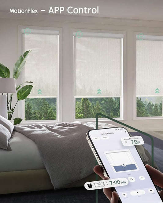 Yoolax Motorized Shades Dual Control, MotionFlex Motorized Solar Shades with App & Manual Control, Fireproof Waterproof Automatic Blinds for Indoor Windows, Custom Size (3% Openness Beige)