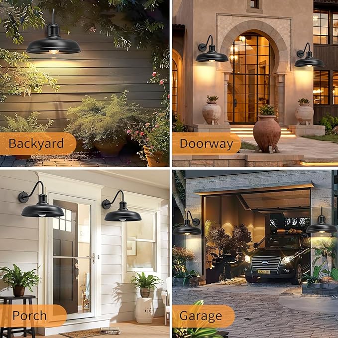 16 Inch Dome Dusk to Dawn Gooseneck Barn Light Outdoor, Large Farmhouse Exterior Light Fixture Wall Mount, Industrial Outdoor Wall Sconce Outside Lantern for House, Porch, Garage, Entryway, Black