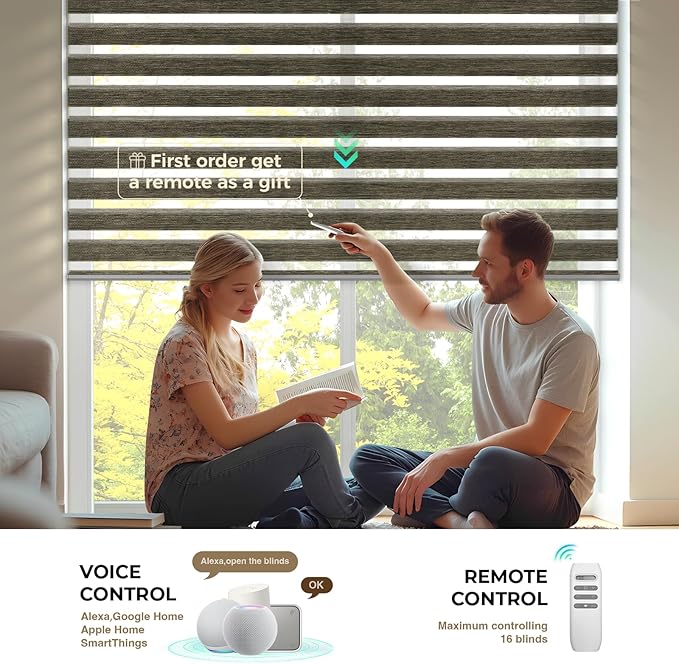 HeyBlinds Motorized Zebra Blinds with Remote, Smart Cordless Electric Zebra Shades for Indoor Windows Compatible with Alexa Google & Homekit, Custom Size (Wool-Coffee LF)