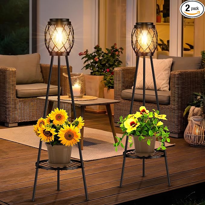 MXwcy 2 Pack Solar Lights Outdoor with LED Edison Bulbs, Vintage Style Solar Floor Lamp with Plant Stands, Weatherproof Garden Lights for Pathway, Patio, Yard, Porch Decor 8-10 Hours Lighting