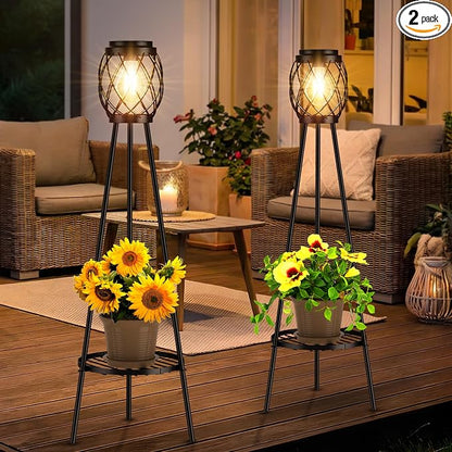 MXwcy 2 Pack Solar Lights Outdoor with LED Edison Bulbs, Vintage Style Solar Floor Lamp with Plant Stands, Weatherproof Garden Lights for Pathway, Patio, Yard, Porch Decor 8-10 Hours Lighting