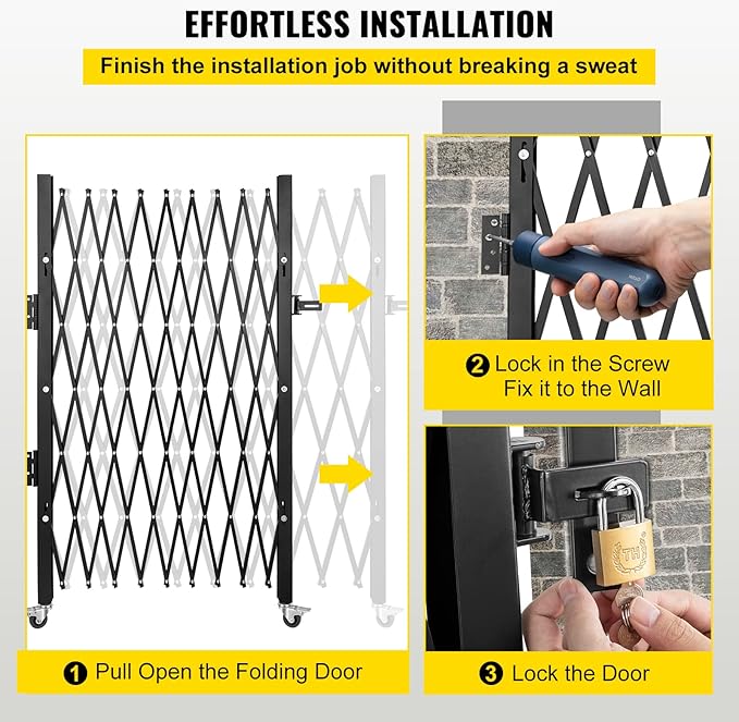 VEVOR Single Folding Security Gate, 51.57" H x 75" W, Steel Accordion Door, Flexible Expanding Barricade, 360 Rolling Scissor Gate with Padlock